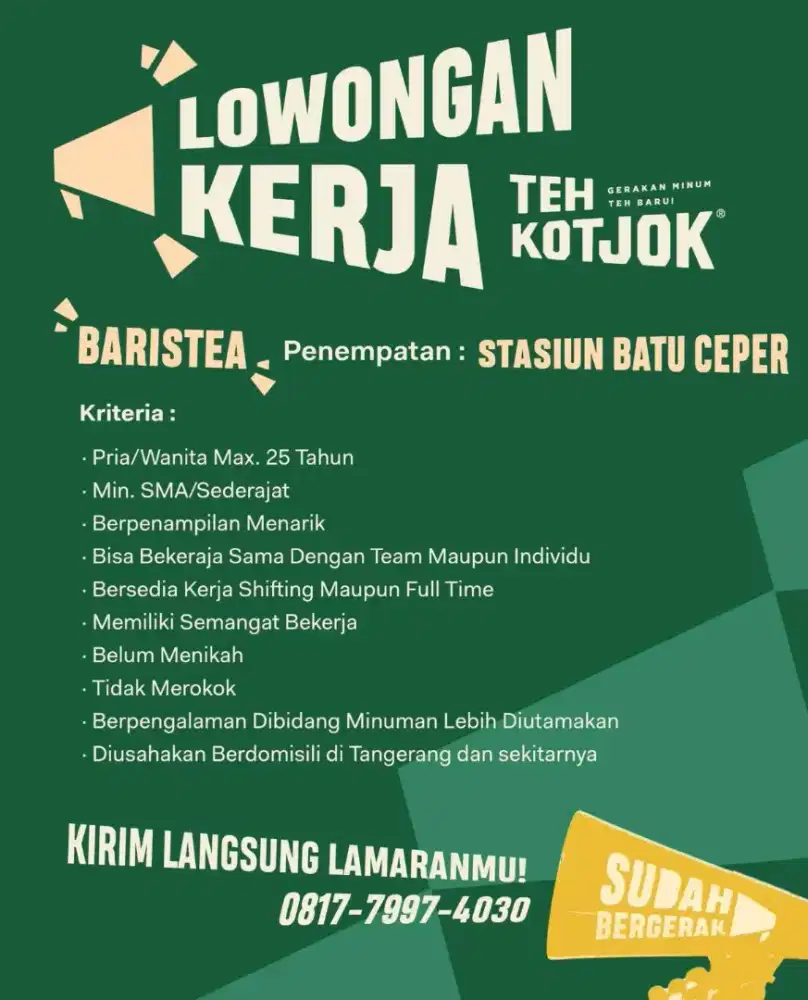 Lowongan Baristea Teh Kotjok Stasiun Batu Ceper