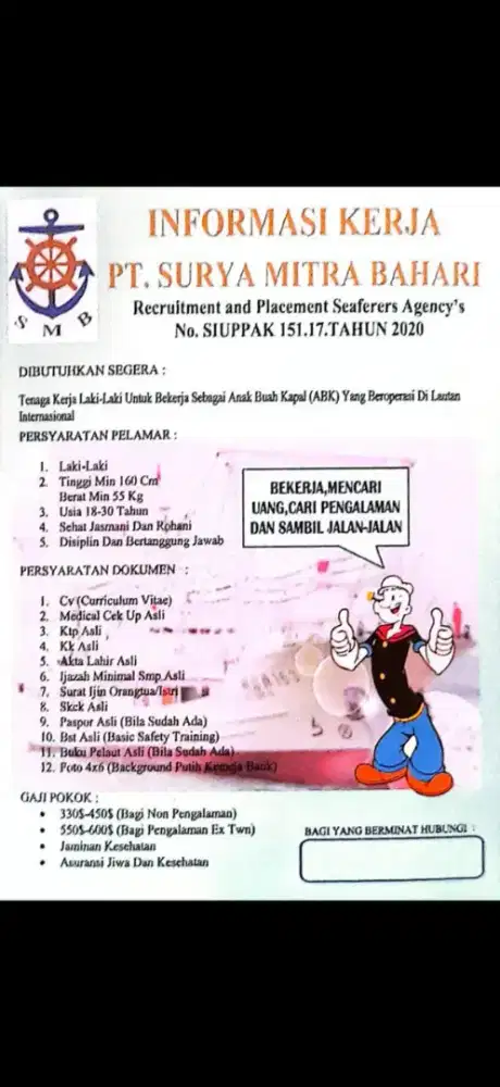 Lowongan kerja Anak buah kapal (abk)