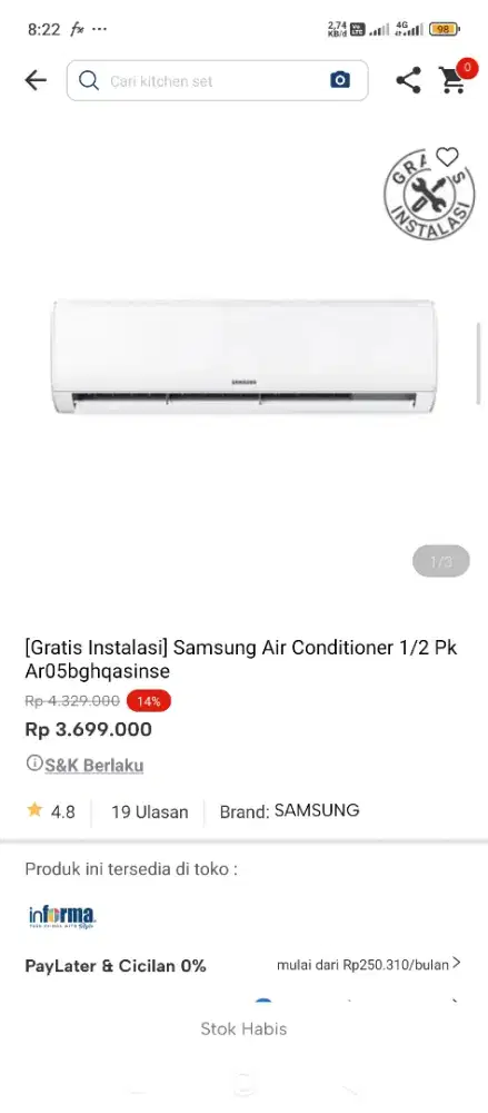 AC samsung 1/2 pk bisa kredit
