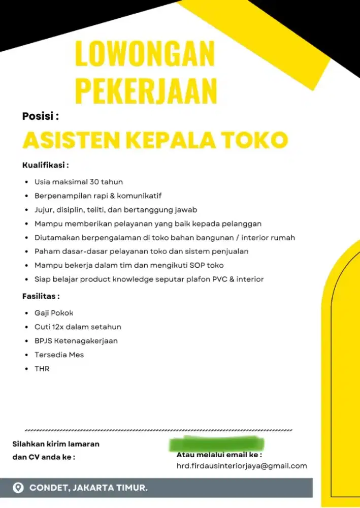 Lowongan pekerjaan asisten toko