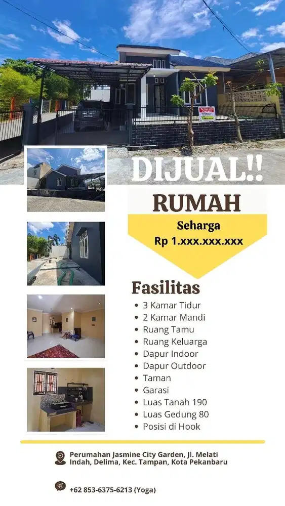 DIJUAL Rumah 1 lantai tanah 190m2, Bangunan 80m2 (3 kamar) Strategis