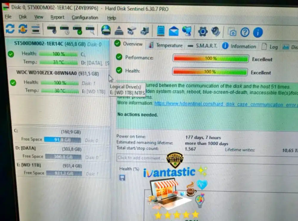 HDD SEAGATE 500GB & 250GB HARDISK +WINDOWS 10 PRO Ex-PRIBADI LIKE NEW