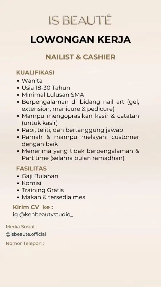 LOWONGAN KERJA CASHIER DAN NAILIST