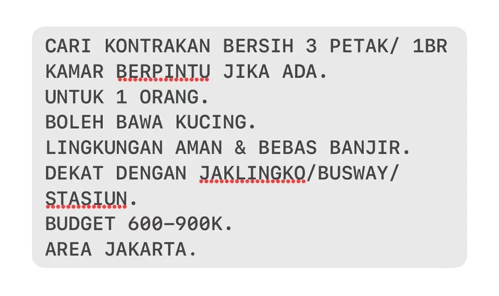 CARI KONTRAKAN 3 PETAK / 1BR UTK 1 ORANG WANITA