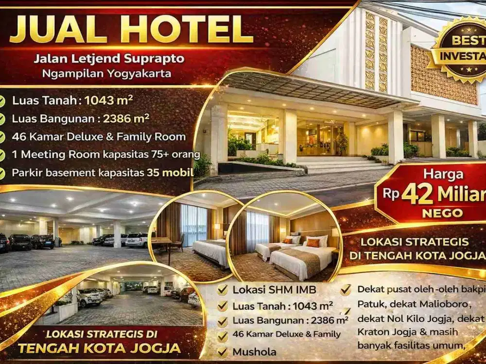 DIJUAL HOTEL AKTIF 46 KAMAR – TENGAH KOTA JOGJA
JALAN LETJEND SUPRAPTO – NGAMPILAN