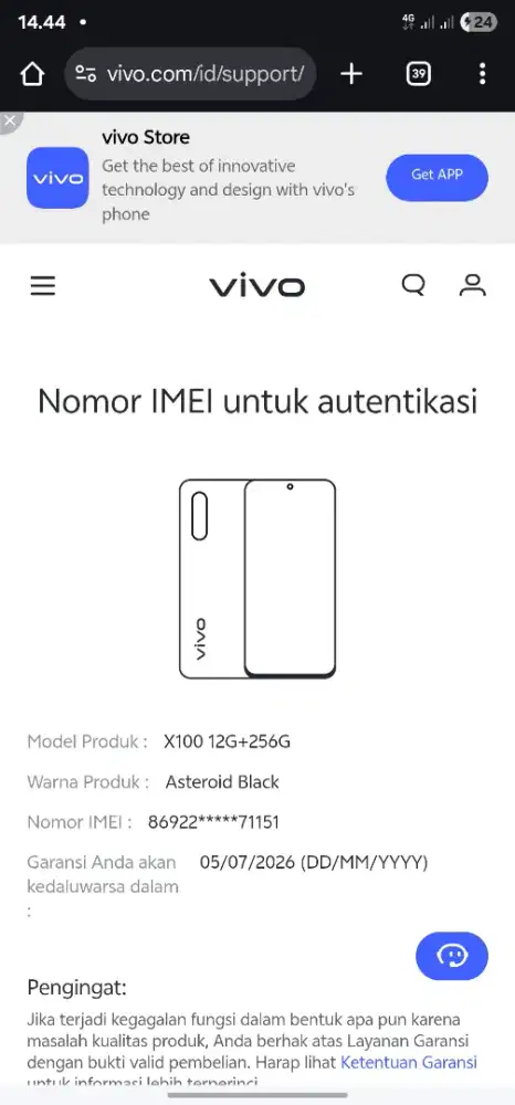 Vivo x100 5G garansi resmi aktif