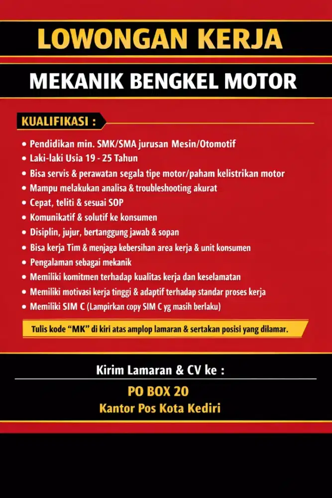 Dibutukan Mekanik Motor