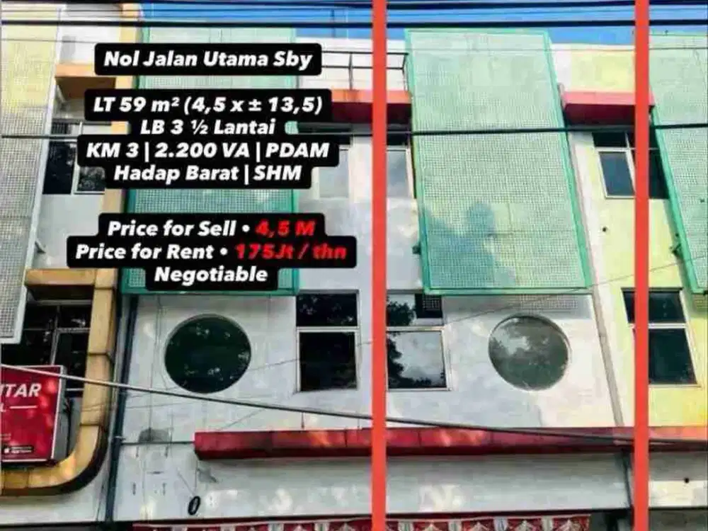 di jual ruko siap pakai 3lt di pusat kota Surabaya di jl.A.yani jalan utama