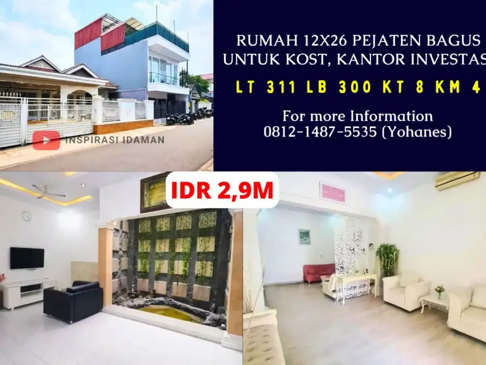 Rumah 12x26 311mtr Pejaten bagus untuk kost, kantor investasi