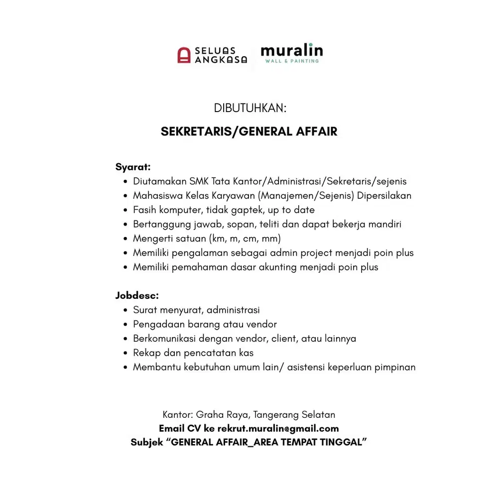 Lowongan Sekretaris/General Affair