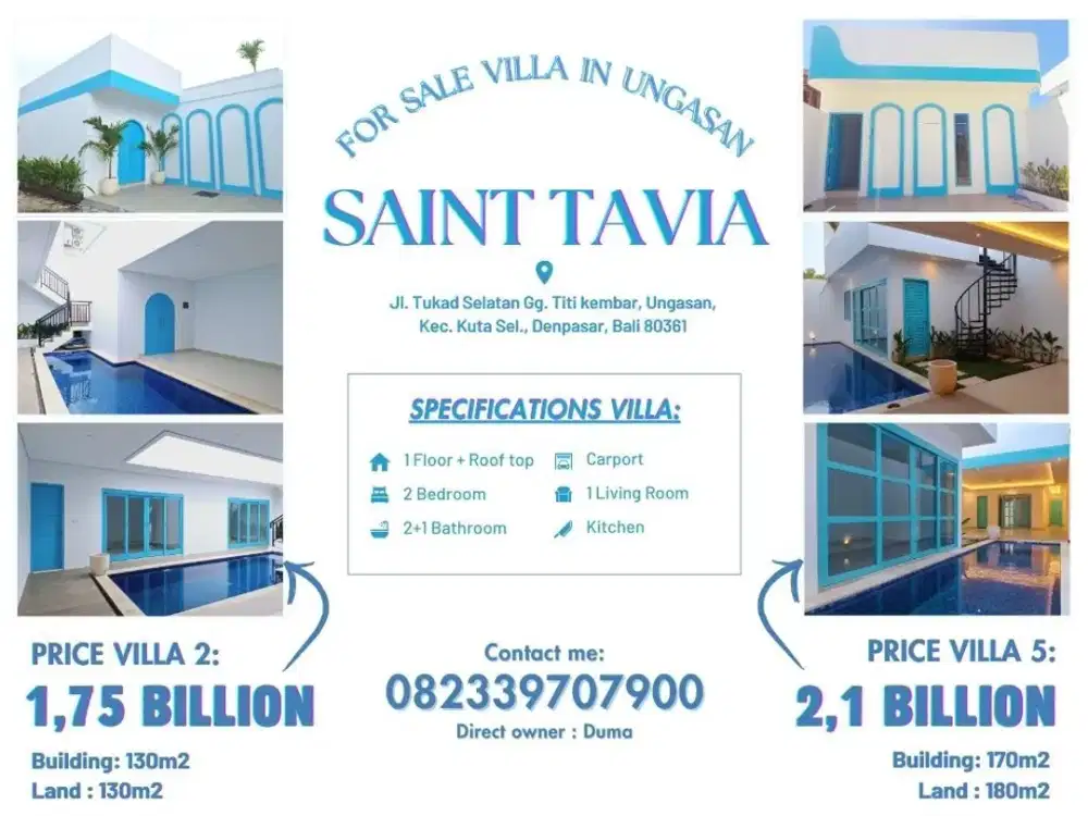 DIJUAL VILLA SAINT TAVIA ALA SANTORINI DI UNGASAN