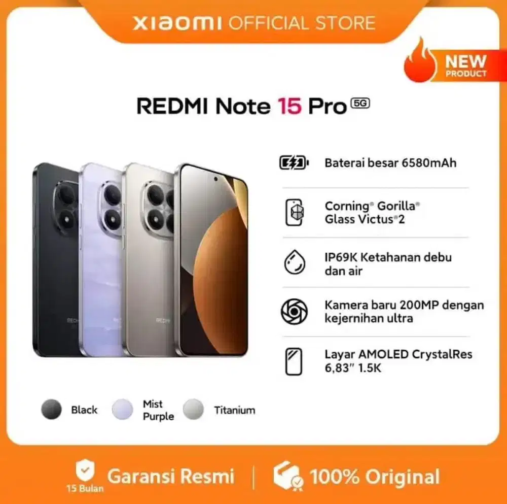 Baru..Xiaomi Redmi Note 15 Pro 5G 12/512 Grs Resmi (Black,Titanium)