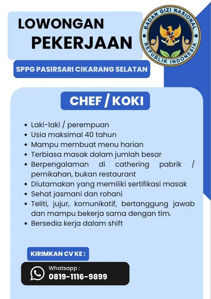 Dibutuhkan Karyawan MBG Cikarang Selatan