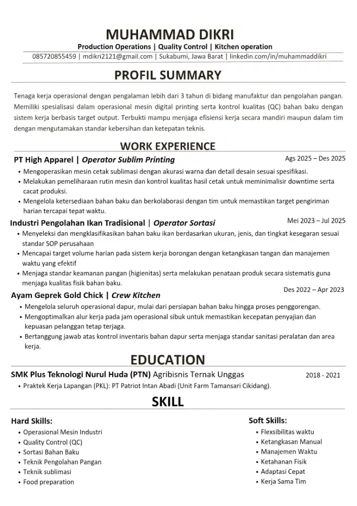 Operator Produksi Pengalaman (Sublim, QC & Sortasi) - Siap Kerja Shift