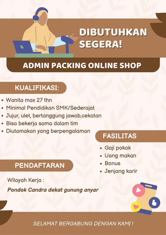 DICARI KARYAWATI ADMIN PACKING ONLINE SHOP