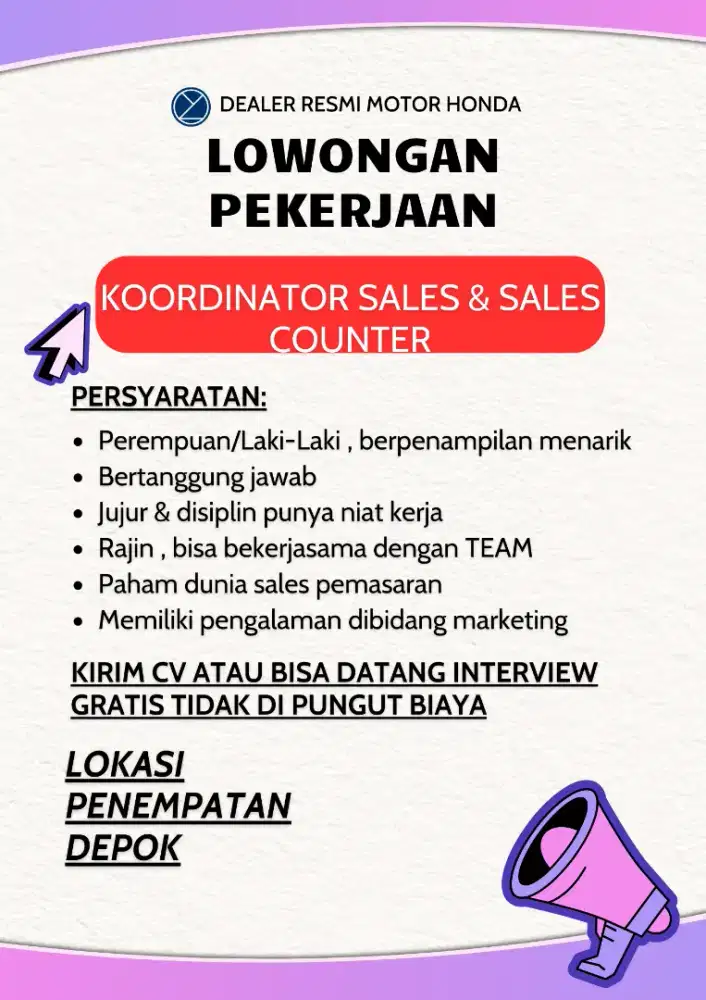 Dibutuhkan Koordinator Sales & Sales Counter