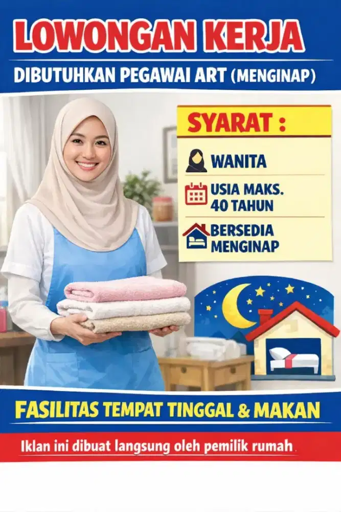 Lowongan kerja ART langsung majikan (Asisten Rumah Tangga Menginap)