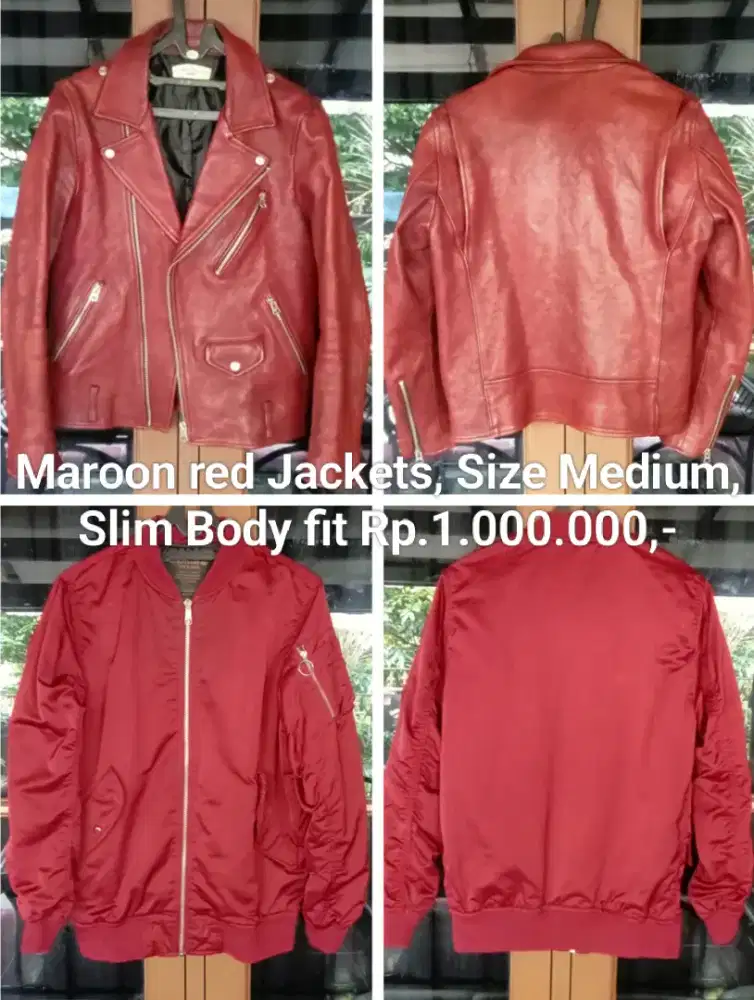 Jaket kulit Ramones & Bomber merah maroon size M body fit