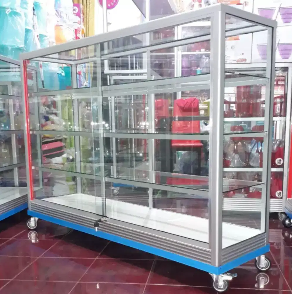 Etalase Kaca Ready Stock Ukuran 1,5M Buat Usaha || Pakai Roda & Kunci