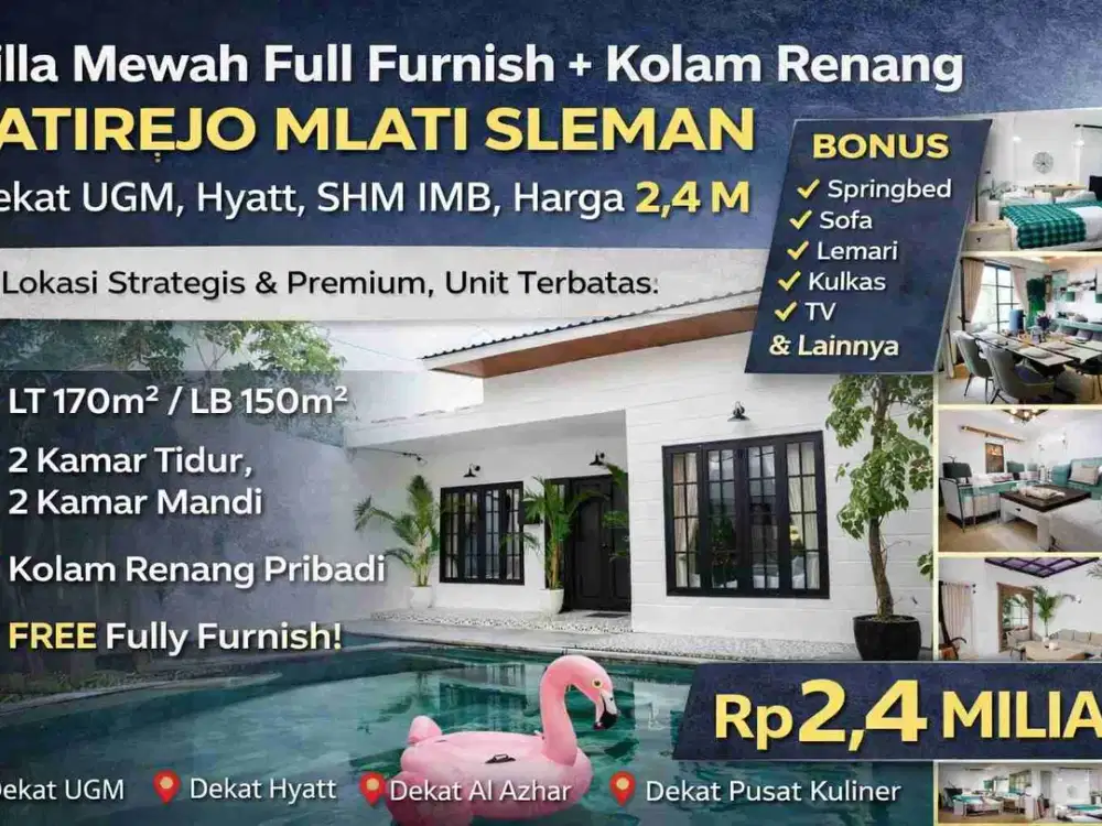 Villa Mewah Full Furnish + Kolam Renang Jatirejo Mlati Sleman – Dekat UGM, Hyatt, SHM IMB, Harga 2,4 M