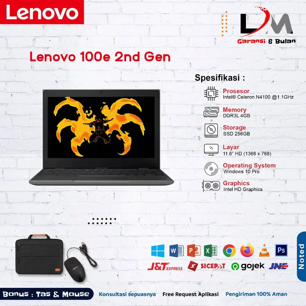 Lenovo 100e 2nd Gen Intel Celeron Ram 4GB 128GB 11.6 Win 10 Bergaransi