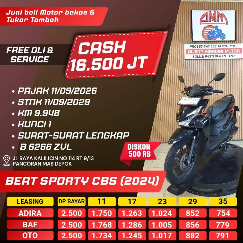 BEAT SPORTY CBS 2024 PAJAK HIDUP KM LOW LIKE NEW CC0% KREDIVO INDODANA