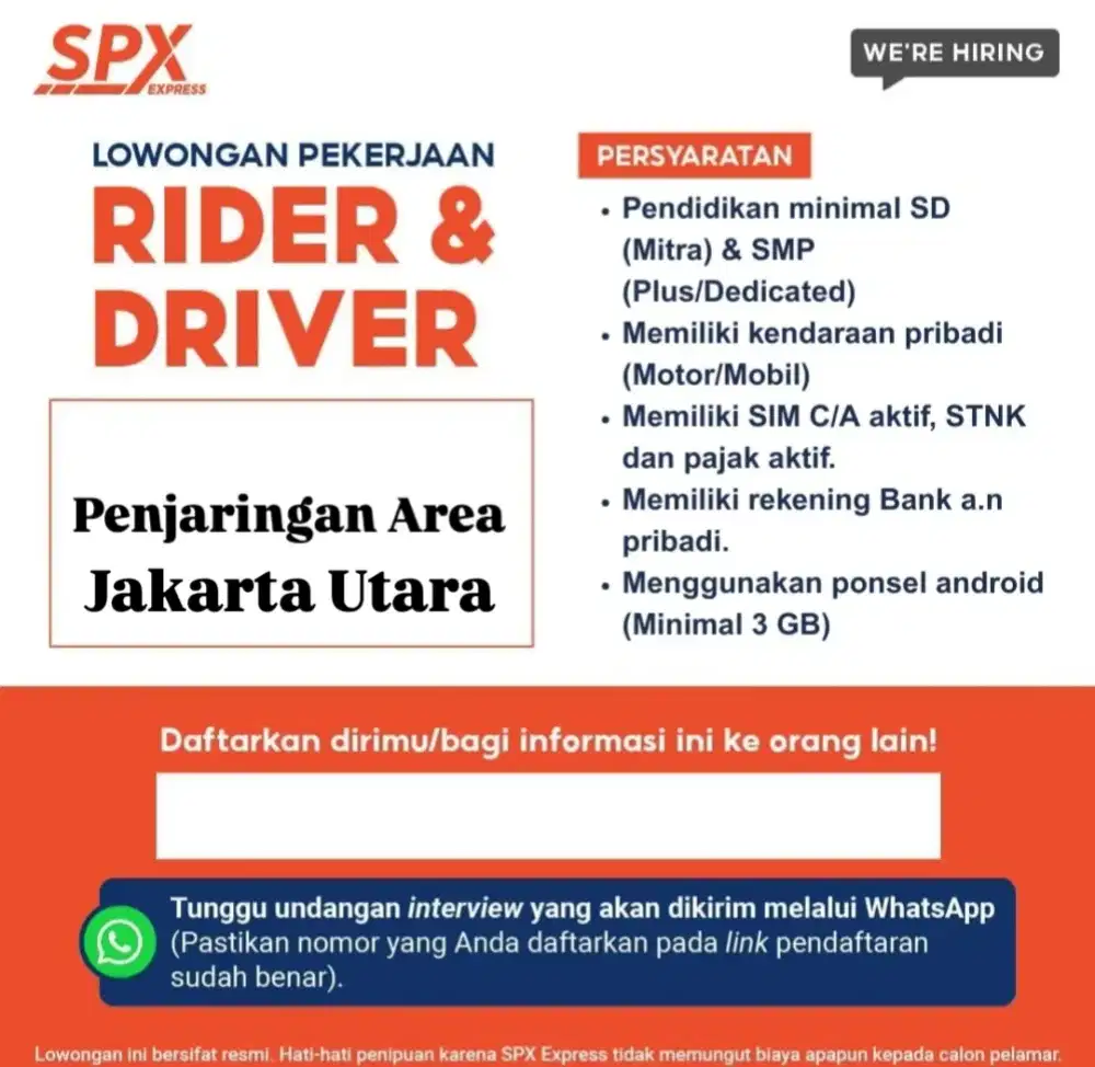 Dibutuhkan kurir Rider(motor) Dan kurir Driver(mobil) SPX Express