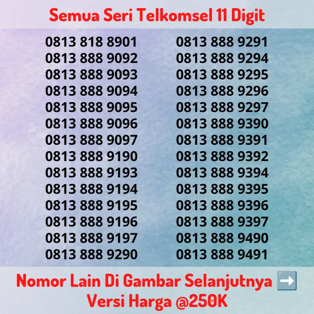Nomor Cantik Telkomsel 11 Digit @250K Rapi Kartu Perdana 11 Angka