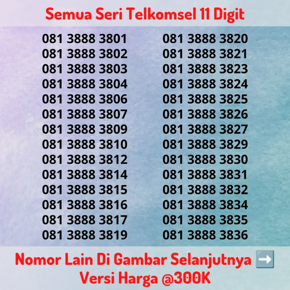 Nomor Cantik Telkomsel 11 Digit @300K - Seri Triple 8 888 Tengah Rapi
