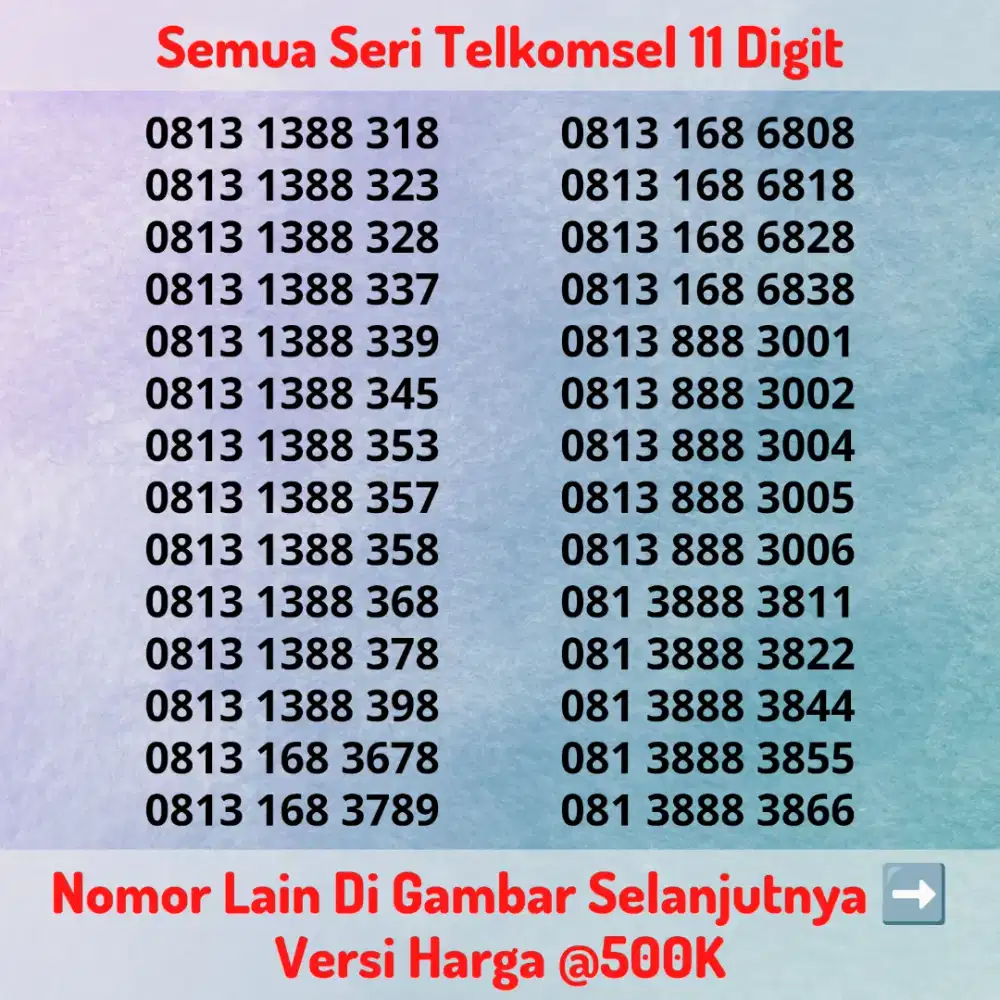 Nomor Cantik Telkomsel 11 Digit @500K Seri Hokky / Triple 8 / 888 Rapi
