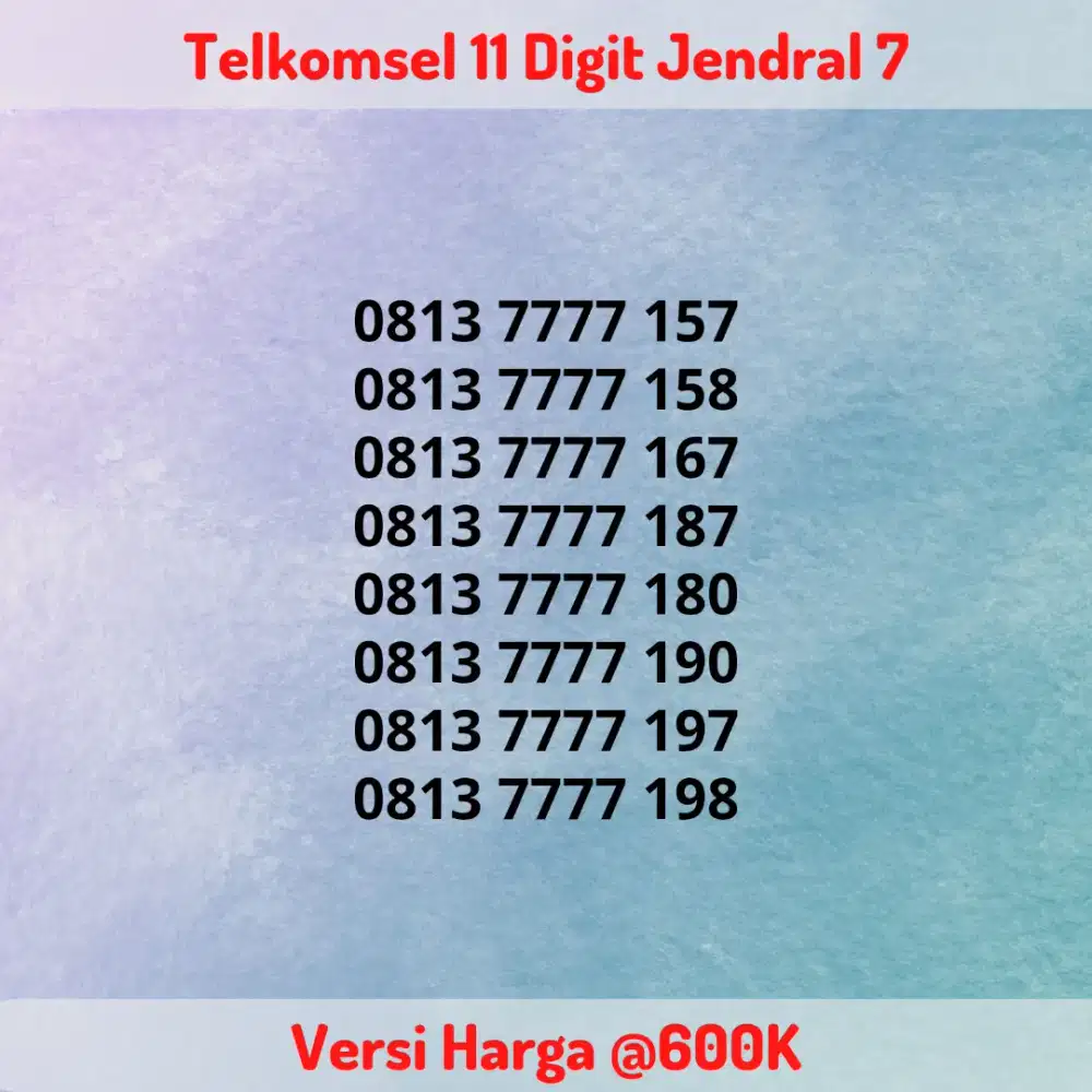 Nomor Cantik Telkomsel 11 Digit Seri Jendral 7 / 7777 Tengah @600K