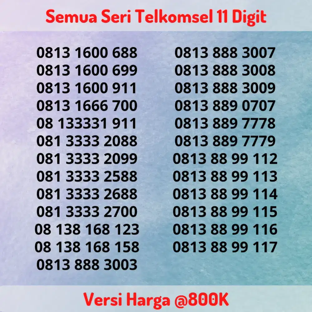 Nomor Cantik Telkomsel 11 Digit Seri Jendral 3 / Triple 8 Hokky @800K