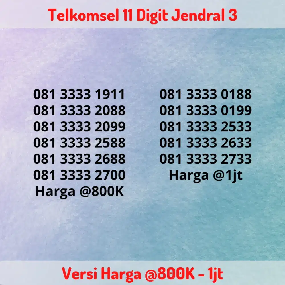 Nomor Cantik Telkomsel 11 Digit Seri Jendral 3 / 3333 Tengah 11 Angka