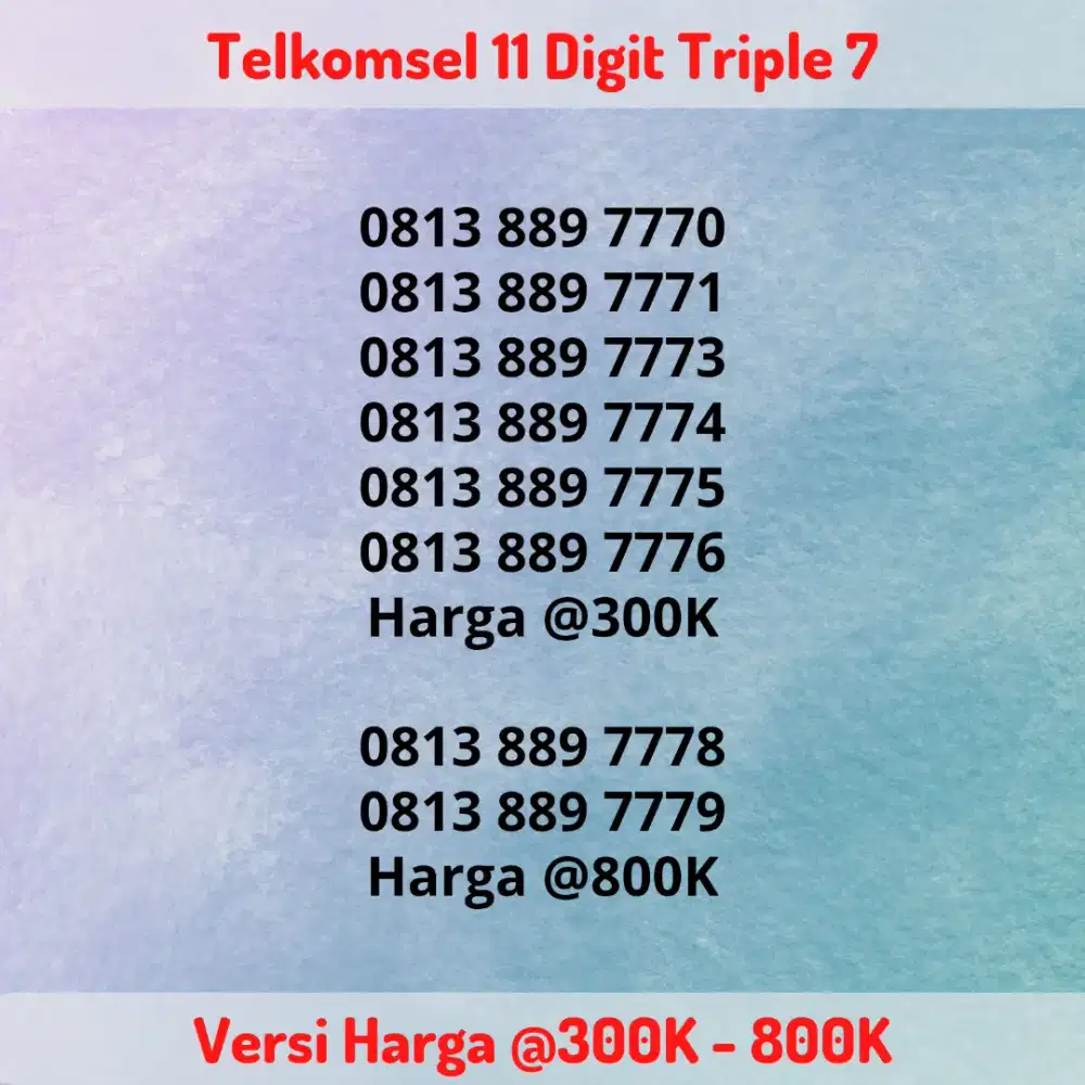Nomor Cantik Telkomsel 11 Digit Seri Triple 7 / 777 Kartu 11 Angka