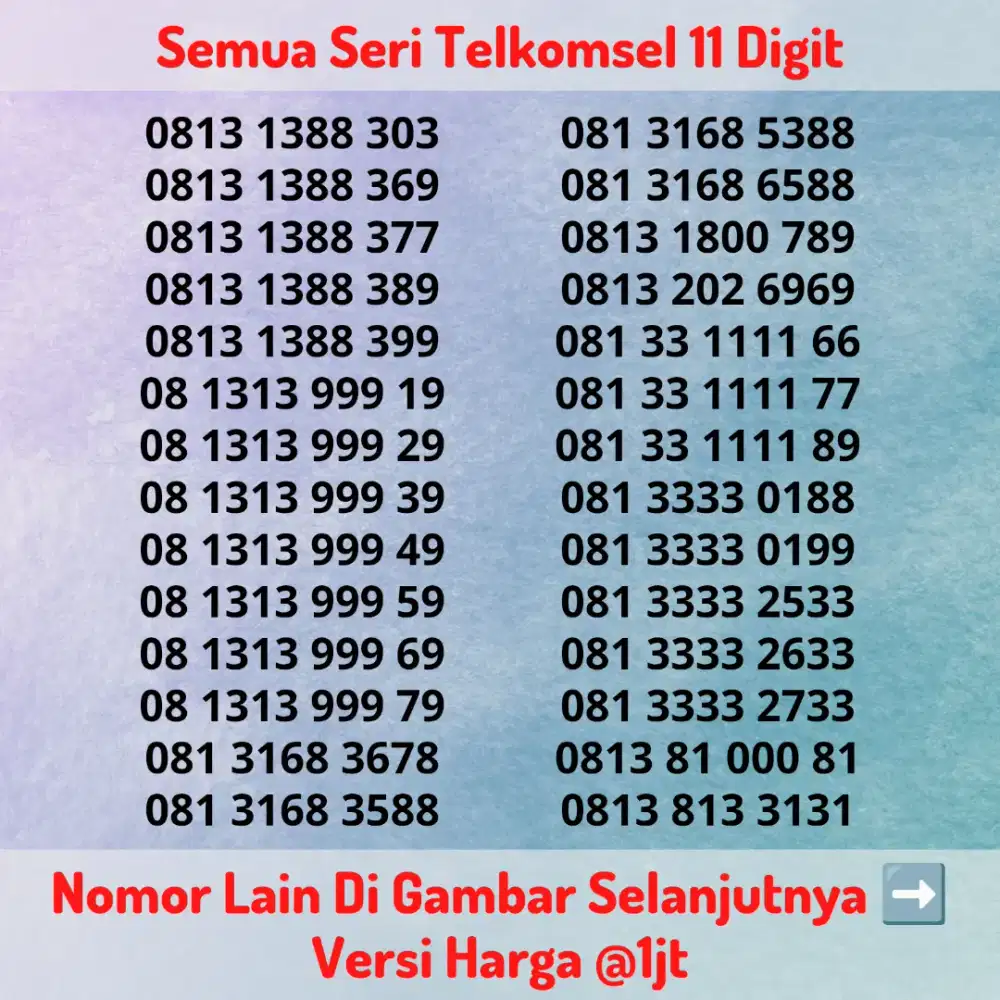 Nomor Cantik Telkomsel 11 Digit Seri Triple 9 Jendral 1 Ekor ABAB DLL