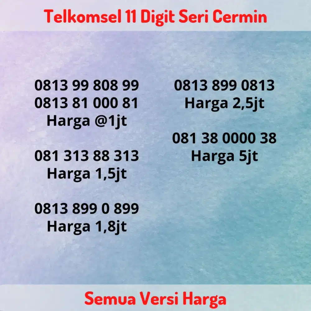 Nomor Cantik Super Telkomsel 11 Digit Seri Cermin Perdana 11 Angka