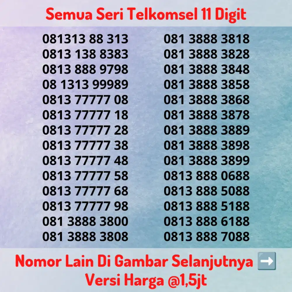 Nomor Cantik Super Telkomsel 11 Digit @1,5jt Seri Panca 7 / 7777 DLL