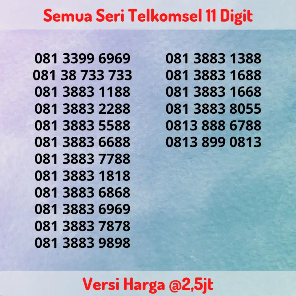 Nomor Cantik Super Telkomsel 11 Digit Seri Ekor ABAB Ujung AABB @2,5jt