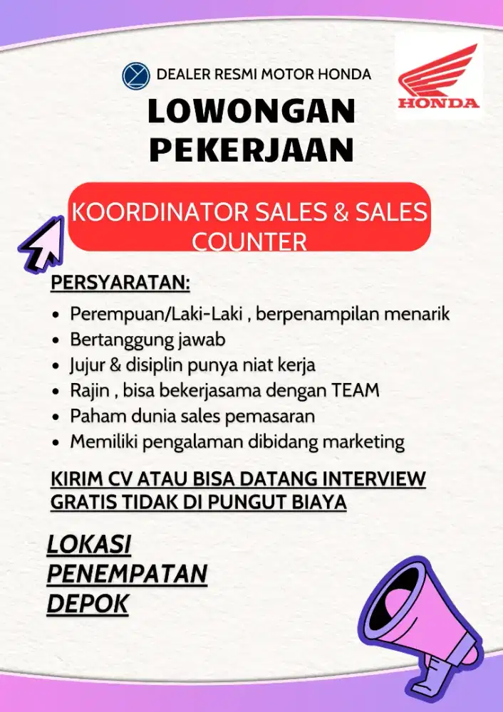 Dibutuhkan Koordinator Sales & Sales Counter