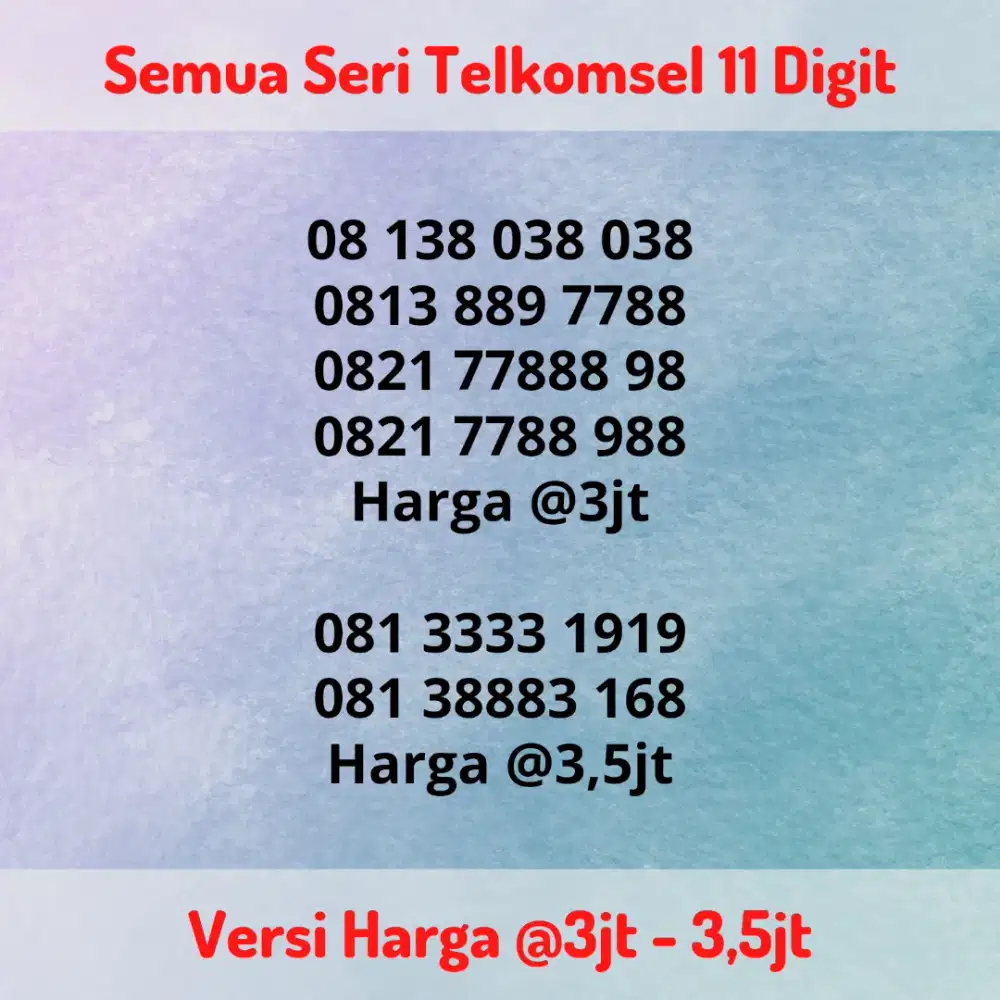 Nomor Cantik Super Telkomsel 11 Digit / 11 Angka Seri 7788 / 168 DLL
