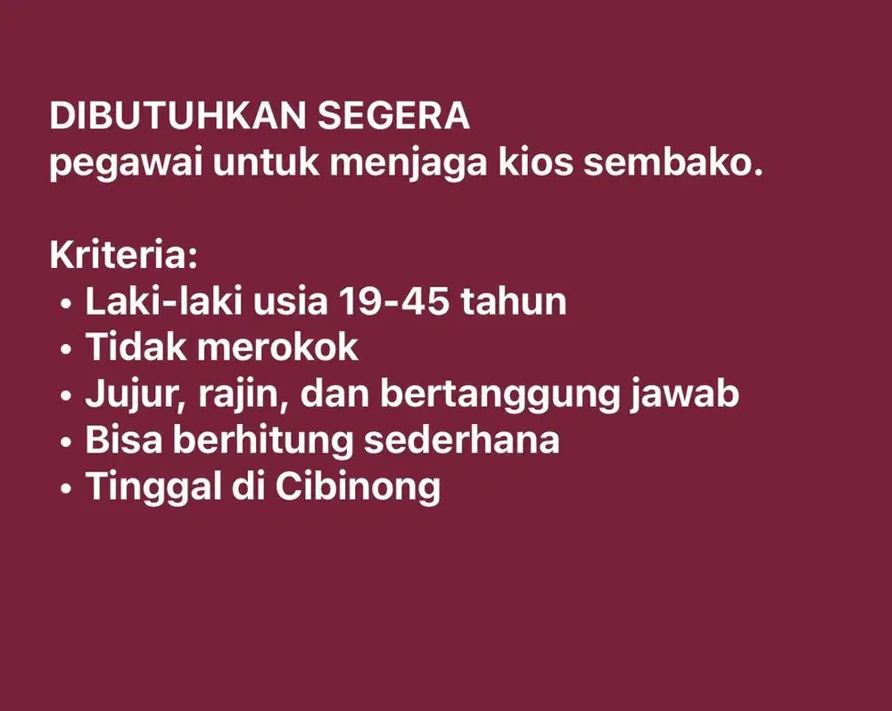 Dibutuhkan Pegawai Jaga Kios