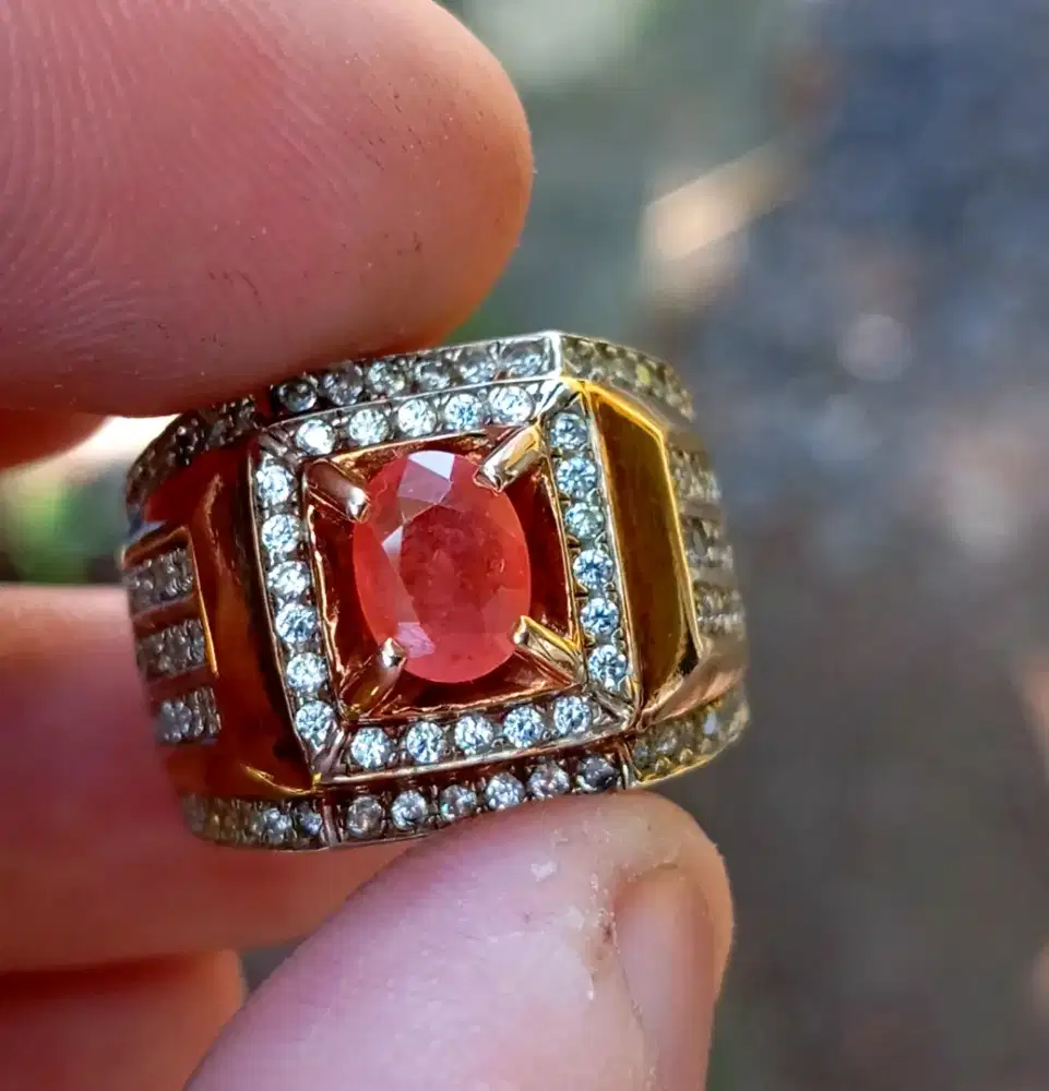 Padparadsca safir asli sertifikat besar ring perak microsetting mewah