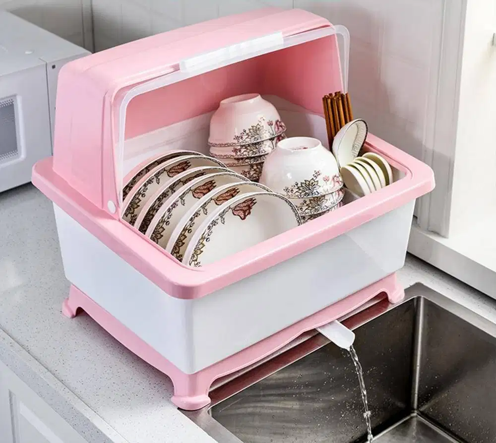 Rak Piring Plastik Dengan Penutup / Rak Pengering Piring Sendok Mangko