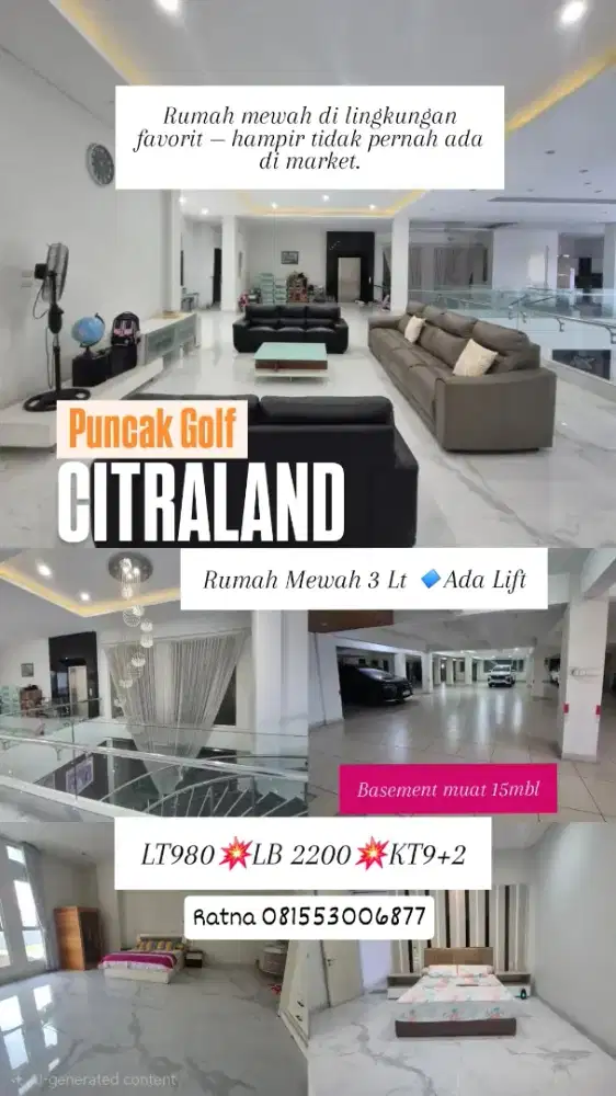 Dijual Rumah Mewah 3 Lantai Puncak Golf Citraland