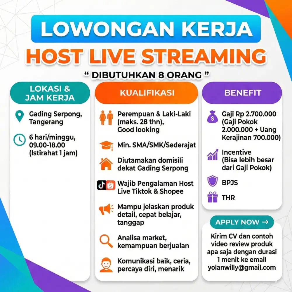 LOKER Lowongan Kerja Host LIVE Streaming butuh 8 orang serius kerja