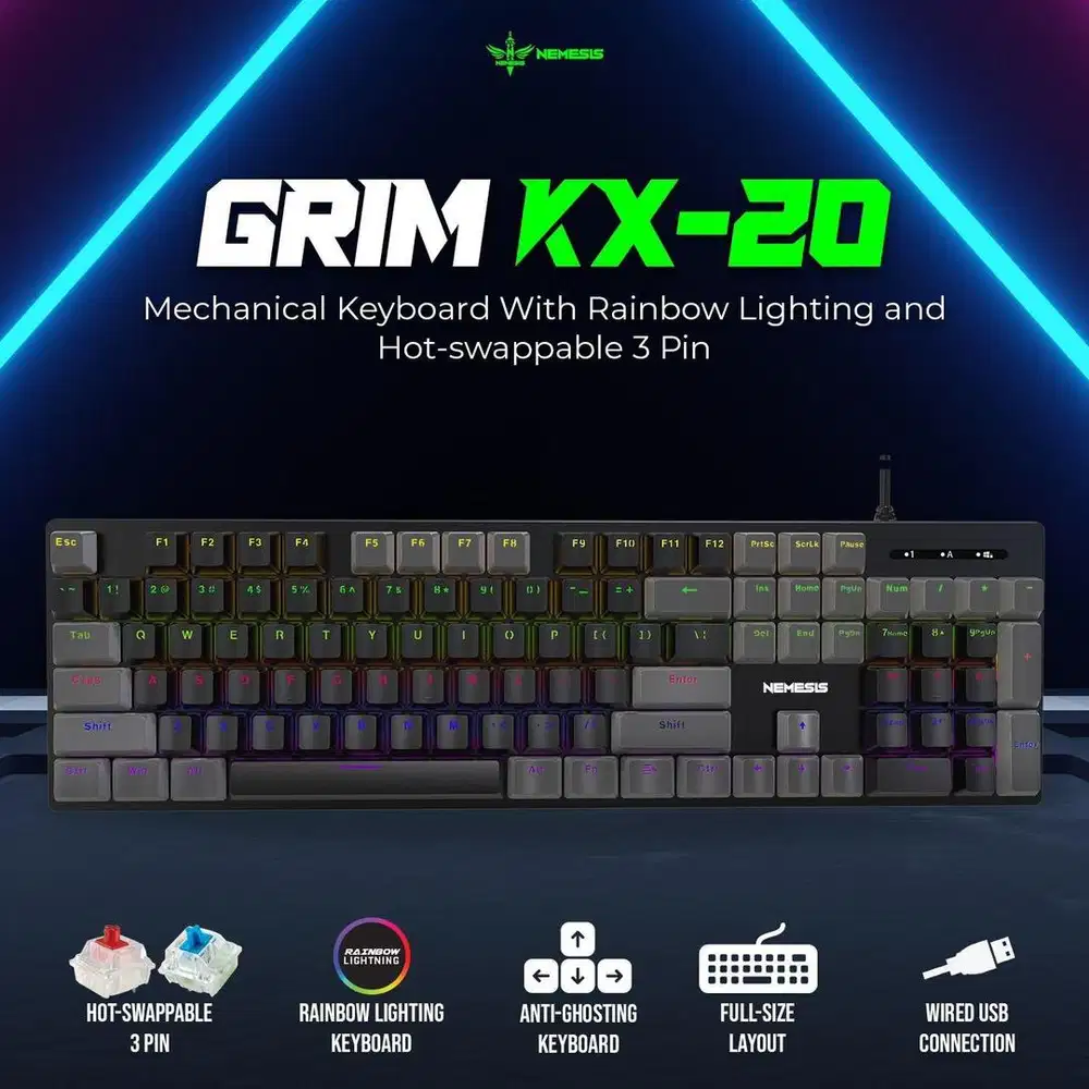 Keyboard Gaming Mechanical Hotswapable NYK Nemesis KX20 Grim KX-20