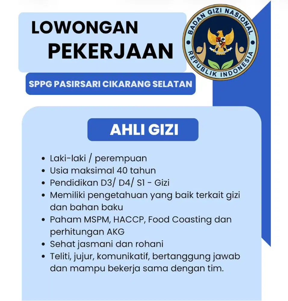 Dibutuhkan Karyawan MBG Cikarang Selatan