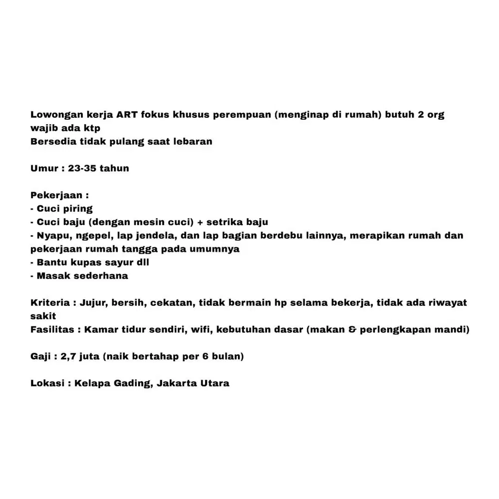 Lowongan kerja ART fokus khusus perempuan (menginap di rumah)