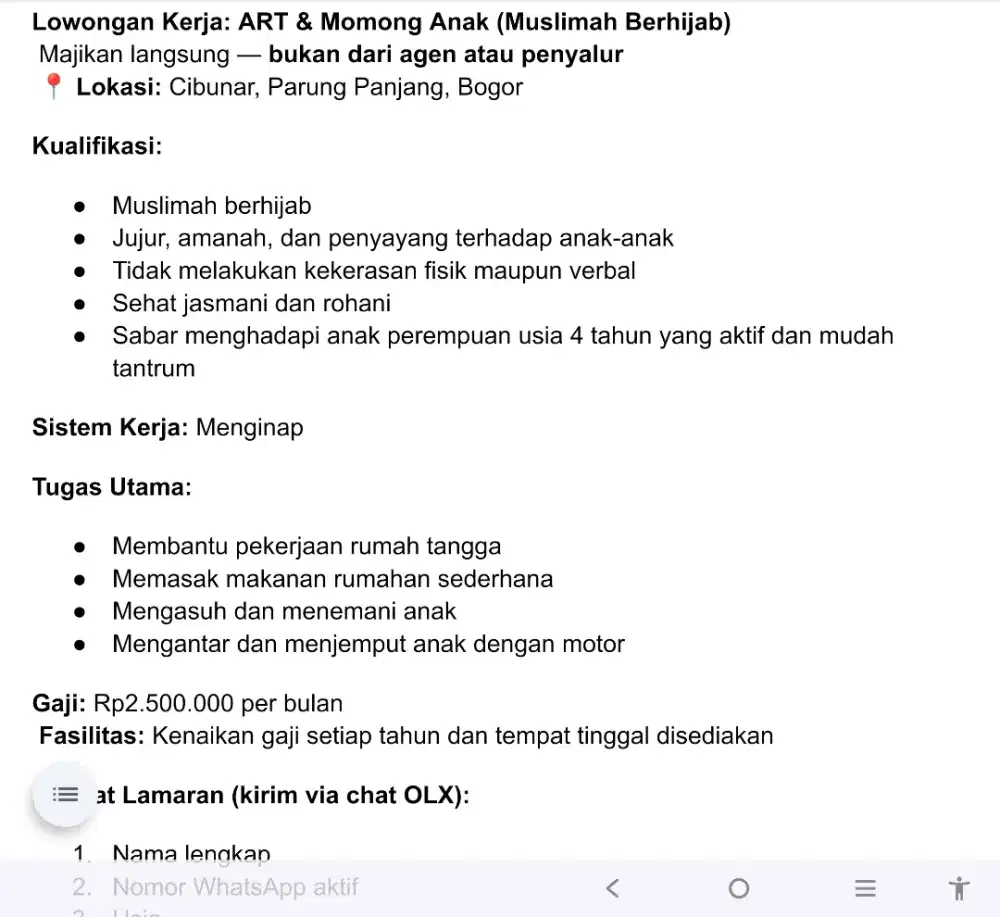 Lowongan Kerja: ART & Momong Anak (Muslimah Berhijab)
)