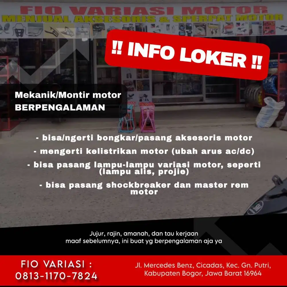 Loker lowongan kerja Mekanik/montir aksesoris variasi motor, gn putri